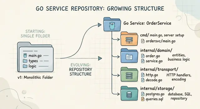 Go service package layout for repos past one folder