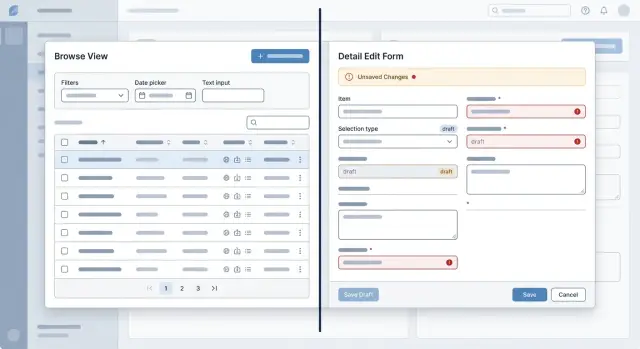 Separate browse state from edit state in admin apps