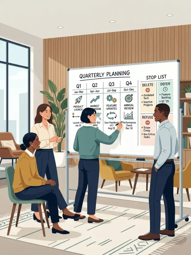 Lean technical roadmap with a stop list for each quarter