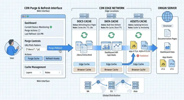 CDN invalidation rules for docs, dashboards, and assets