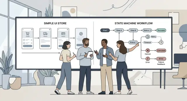 Zustand stores vs state machines for workflow screens