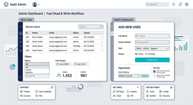 Read models for admin screens without write domain bloat