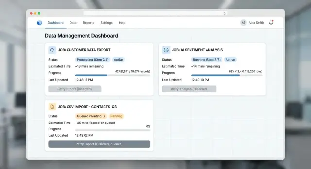 Long-running task UX for exports, imports, and AI jobs