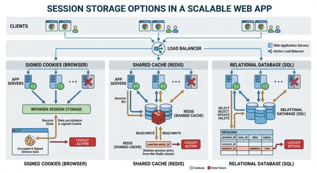Session store for multi node apps: cookies, Redis, DB compared