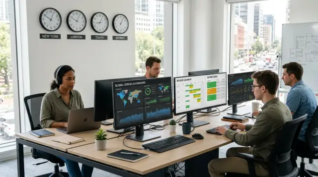 Global service from one time zone without 24-hour staffing