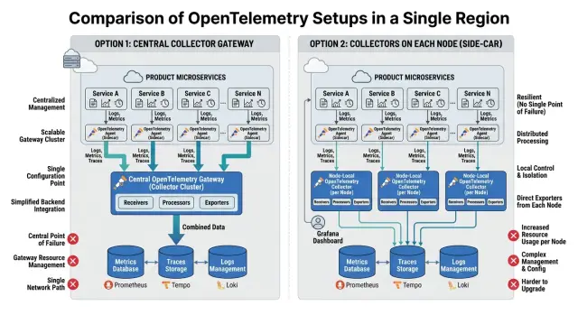 OpenTelemetry collector topologies for one-region products