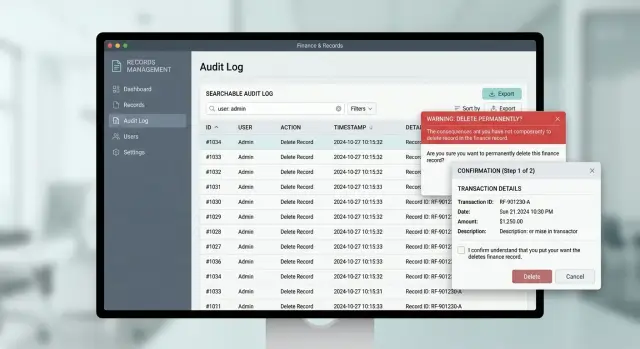 Admin panel design for safer money and record changes